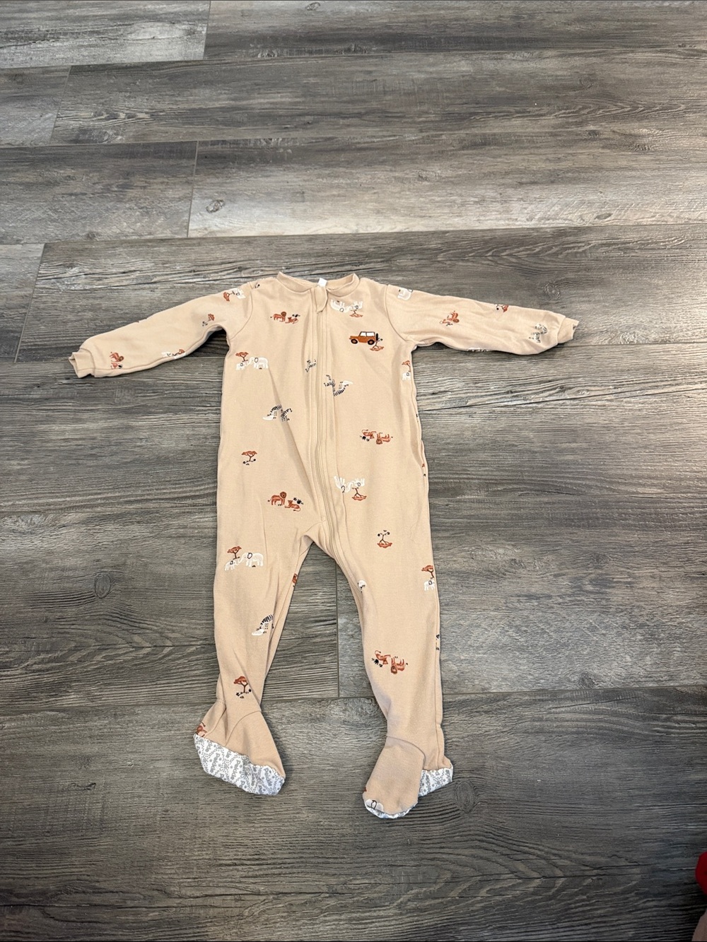 Pekkle Beige Baby Footed One-Piece Pajamas with Animal Print